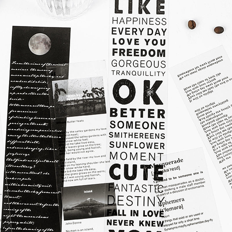 Basic Black & White Word Text Glossy Clear Transparent Long Strip Sticker
